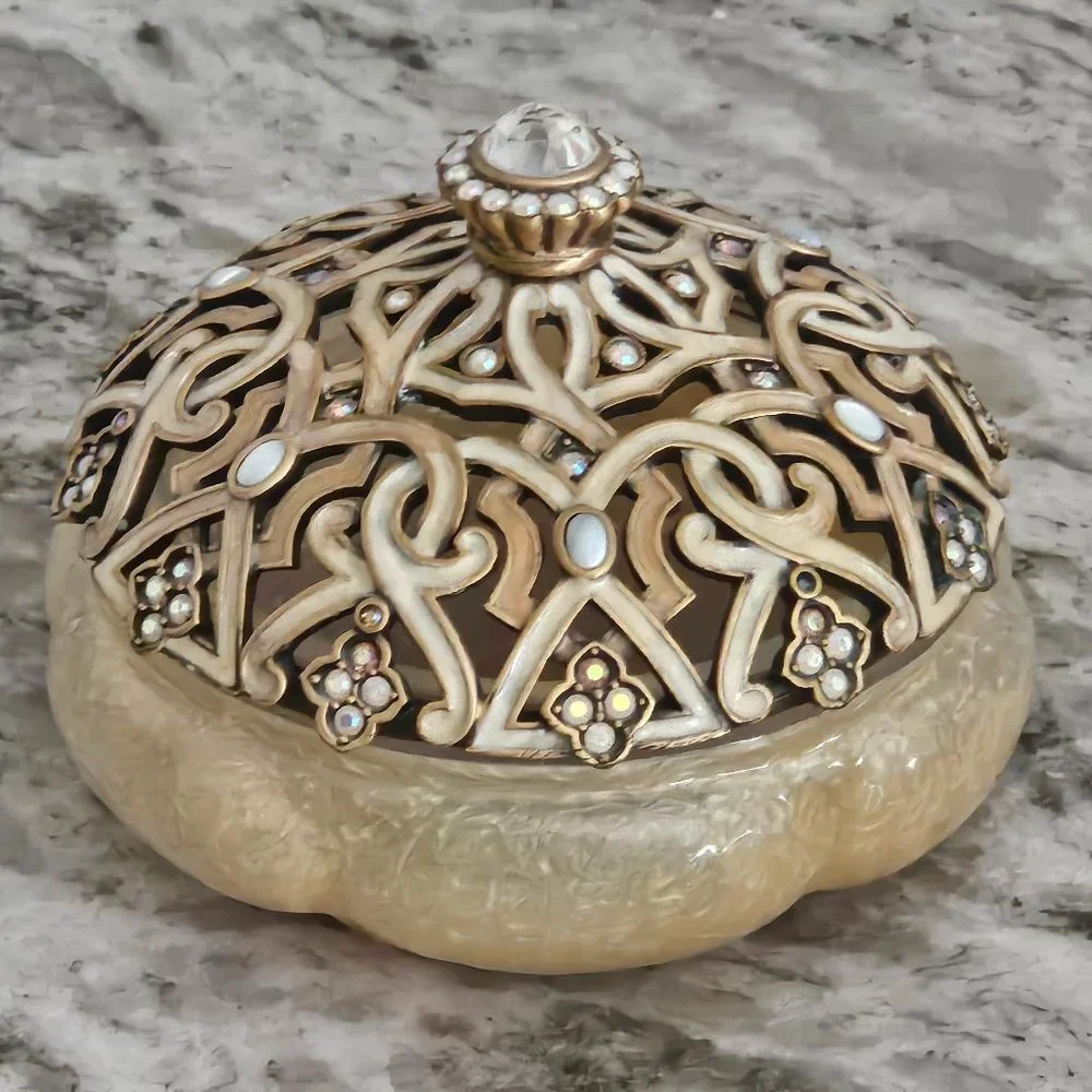 RARE JAY STRONGWATER ARABESQUE SCROLL CRYSTAL ENAMEL VANITY JAR CANISTER BOX